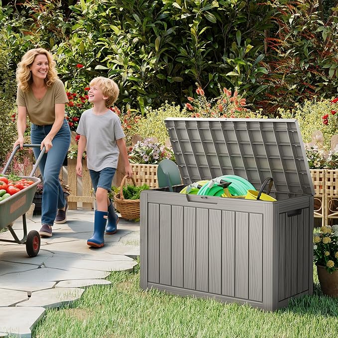 50 Gallon Outdoor Deck Box - Lockable Waterproof Storage Container, Resin Weatherproof Box for Patio Garden Furniture Pool Tools Cushions, Grey