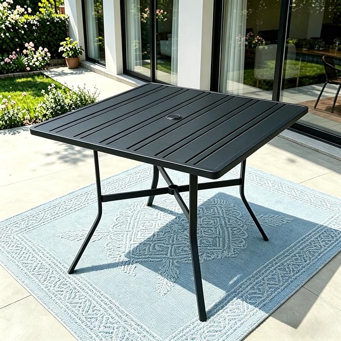 Outdoor Patio Furniture Set 5 Piece with 4 Stackable Black Rattan Chairs and Black Outdoor Metal Dining Table with Umbrella Hole