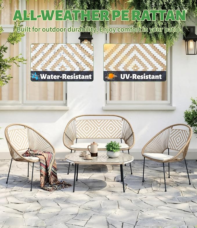 4-Piece Outdoor Patio Furniture Set, Wicker Sofa and Chairs with Cushions, PE Rattan All-Weather Conversation Set with Coffee Table for Backyard, Patio, Poolside, Garden, Deck, White
