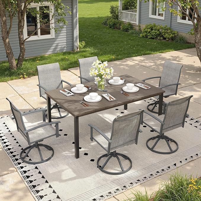 7 Pieces Patio Dining Set, Outdoor Furniture of 63" Rectangular Patio Table and Patio Swivel Chairs for Backyard Lawn Garden, Grey Table and Grey Chairs