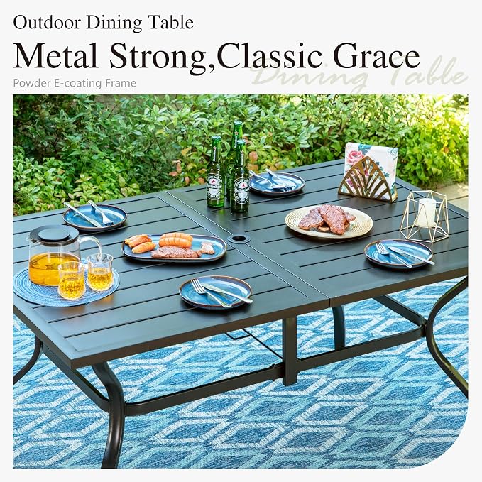 PHI VILLA 7 Piece Metal Outdoor Patio Dining Bistro Sets with Umbrella Hole, 60.2" x 37.8" Rectangle Patio Table and 6 Backyard Garden Outdoor Chairs, Black
