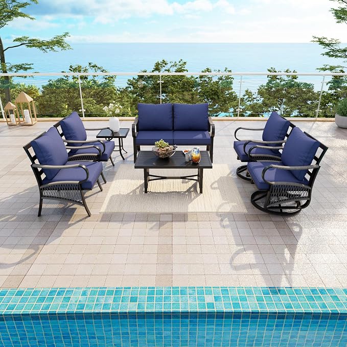 7 Pieces Patio Conversation Sets, All-Weather Metal Swivel Rocking Chairs with Rope Furniture Set, Outdoor Sofa Couch for Deck, Porch, Garden, Backyard, Poolside (Blue Cushions)