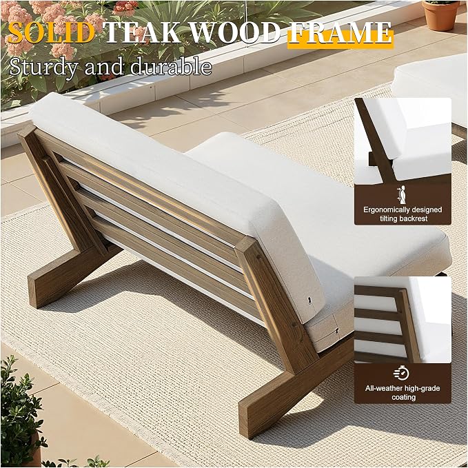 3 Piece Wood Outdoor Patio Frutnire Set, 5 Seater Patio Conversation Sets with Thick Cushions, Outdoor Sectional Furniture with Coffee Table - Beige