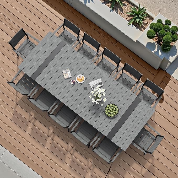 Pellebant 13 Piece Patio Table and Chairs Set for 12, Aluminum Outdoor Dining Set with Umbrella Hole, Stackable Dining Chairs & 118" Dining Table, Grey