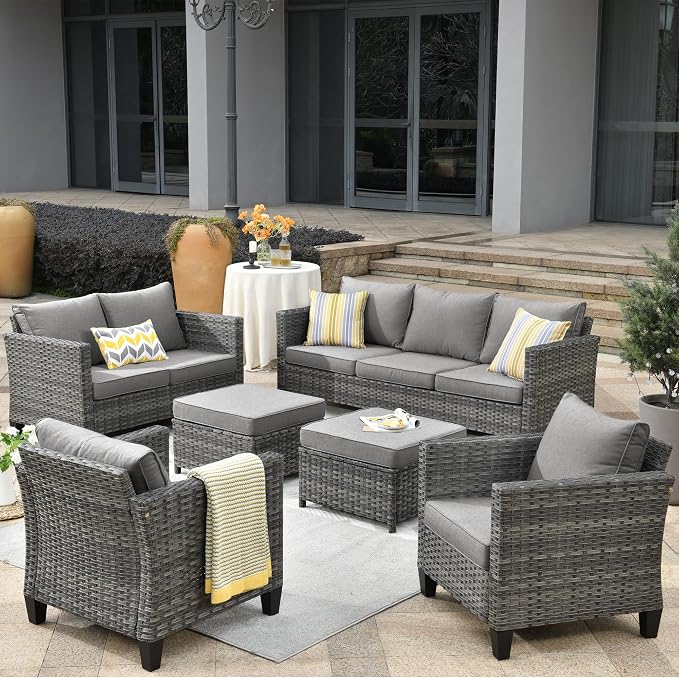 ovios 6 Pieces Patio Furniture Set, Outdoor Wicker Rattan Sofa Couch with Loveseat, Chairs, Comfy Cushions, Conversation Sets for Porch Deck Garden, Dark Grey