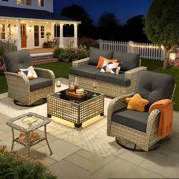 Rattan Patio Furniture Set with Swivel Chairs,6 Pieces Outdoor Sectional with Glowing Coffee Table,Out Door Furniture Conversation Set,Black