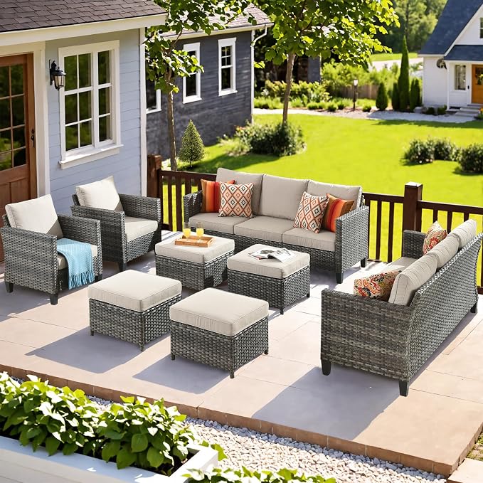 ovios Patio Furniture Set, 8 Pieces Outdoor Wicker Sofa Couch with Chairs, Ottomans and Comfy Cushions, All Weather High Back Rattan Conversation Set, Beige