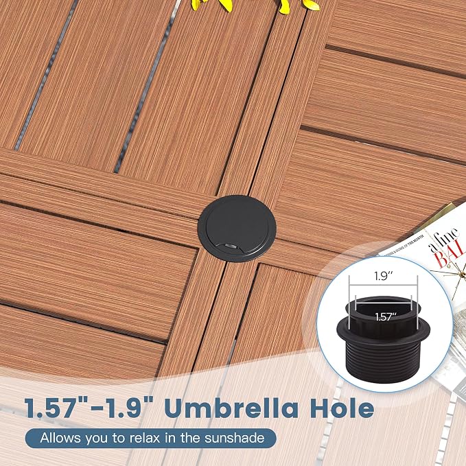 DIFY 5 Piece Outdoor Dining Set, 40" Walnut Round Metal Dining Table and Brown Textilene Stackable Patio Chairs, Patio Table and Chairs Set for 4 with Umbrella Hole for Backyard Garden Deck