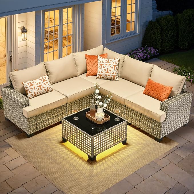 6 Pcs Outdoor Sectional Patio Furniture Set - All Weather Wicker Modular L Shaped Outside Sectional Sofa Couch,Patio Seating Outdoor Conversation Sets for Deck Yard Garden,Beige
