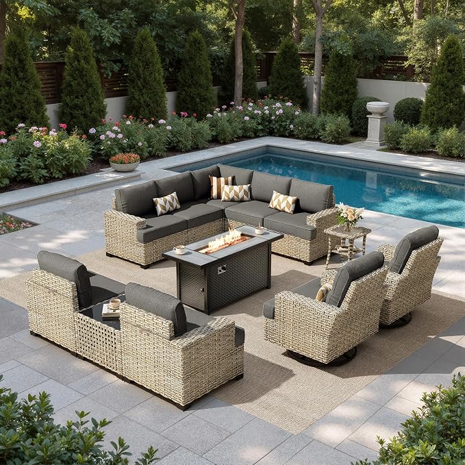 HOOOWOOO Sectional Patio Furniture Set with Fire Pit Table,12 Pieces Wicker Outdoor Furniture L Shaped Couch,Outside Conversation Set Extra Deep Sofa Wide Arm Swivel Chairs Solar Light,Black