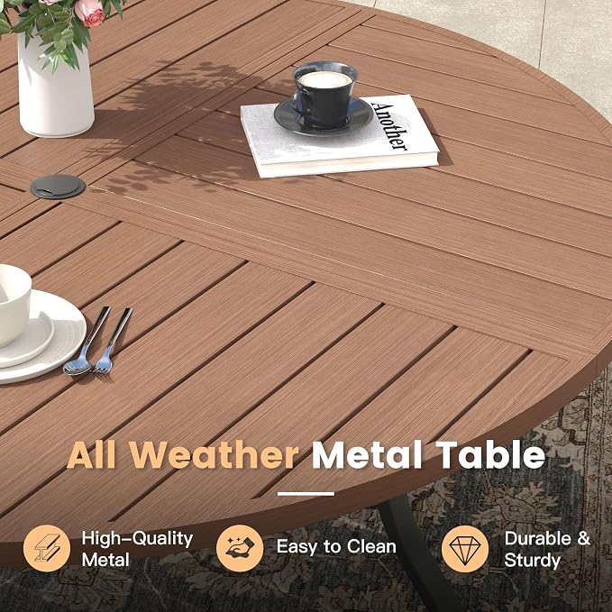 Outdoor Dining Set for 6, 47.3" Metal Round Outdoor Dining Table with Umbrella Hole and Wicker Stackable Patio Chairs, 7 Pieces Patio Table and Chairs Set for Garden Backyard, Walnut