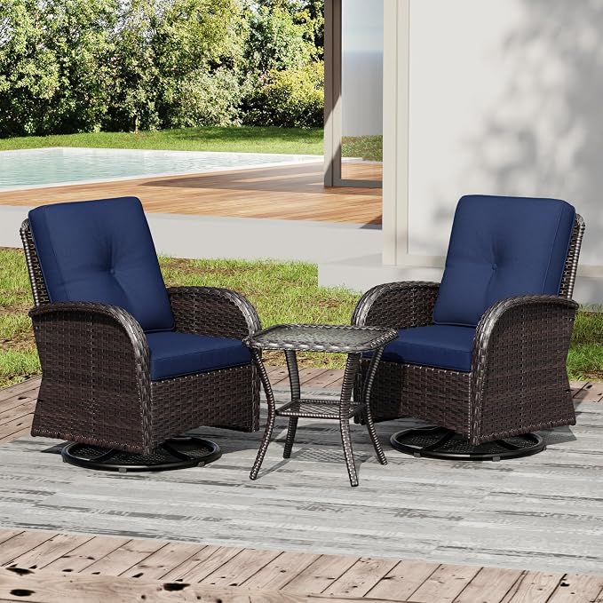 Joyside Outdoor Swivel Rocker Chairs, 3 Piece Wicker Patio Set with Thickened Cushions, High Back, Deep Seating, Wide Armrest, Outdoor Swivel Chairs for Porch, Deck