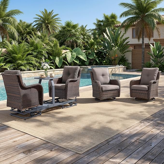Rilyson Luxury Outdoor Wicker Glider Rocker Chairs for 4 Person, Outdoor Furniture Sets with 2 Piece Wicker Swivel Rocker Chairs, Rattan Glider Rocker Chairs with Table for 2 Seats Brown/Grey