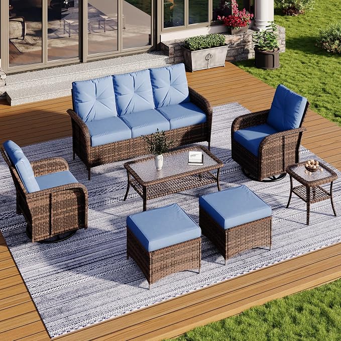 Aoxun 7-Piece Patio Furniture Set with Thick Cushions, Wicker Rattan Outdoor Sectional Sofa with High Back Swivel Rocker Chairs, Outdoor Patio Furniture Set with Coffee Table & Ottoman, Blue