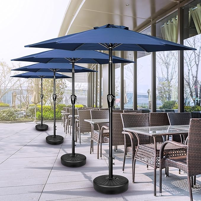 Simple Deluxe 7.5' Patio Umbrella with 20 Inch 50lbs Capacity Fillable Round Base, 6 Sturdy Ribs with Push Button Tilt/Crank for Garden, Deck, Backyard, Pool, Blue and Black