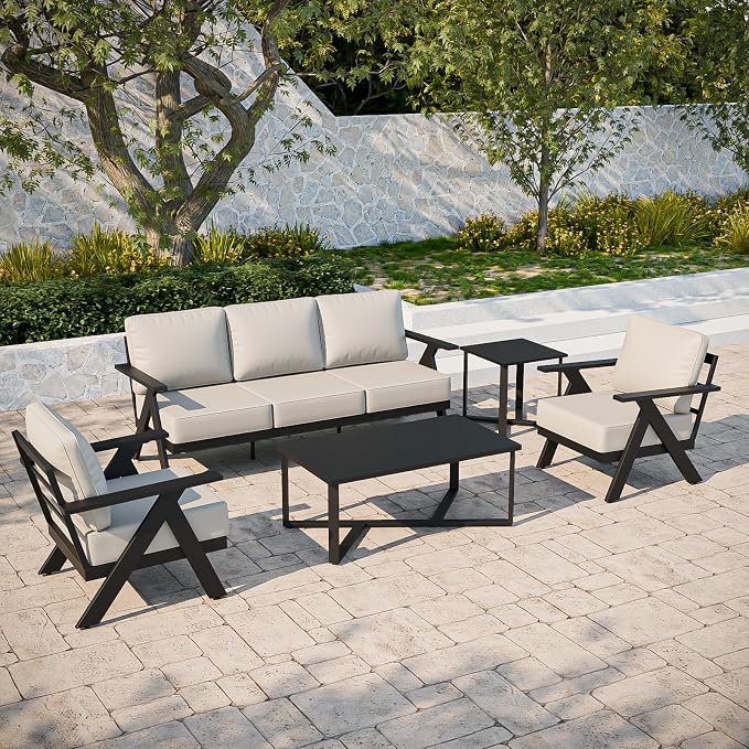 COOS BAY Iron Luxe 5 Piece Outdoor Patio Furniture Set, Modern Patio Conversation Set with 2 Patio Chairs, a 3 Seat Couch, Coffee Table & Side Table for Deck, Garden, Porch, Black/Beige