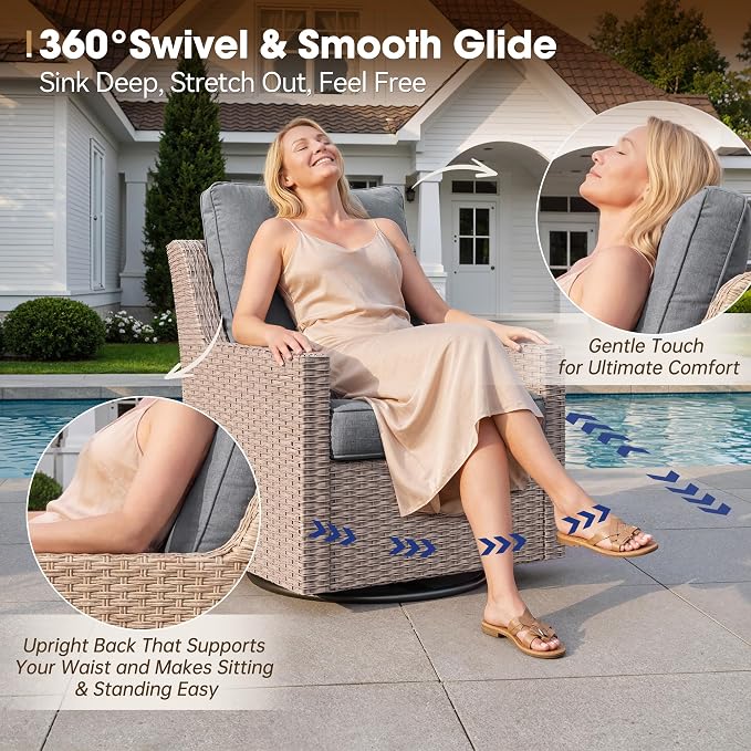 NestNook 4 Piece Patio Furniture Set, Outdoor Swivel Glider Chairs Set of 2 with Loveseat and Coffee Table Wicker Patio Conversation Set for Backyard Balcony & Poolside（Dark Grey）