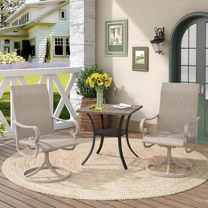 DIFY 3 Pieces Outdoor Patio Dining Set for 2, 27.6" Small Grey Wood-Like Square Metal Dining Table and 2 Sandshell Swivel Patio Dining Chairs, Outdoor Table and Chairs for Backyard Porch Poolside