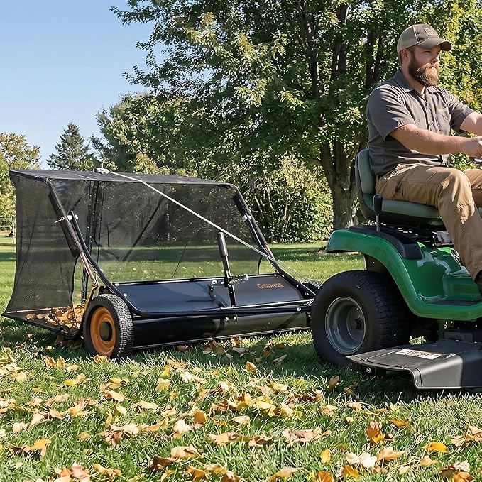 Garvee 48" Tow-Behind Lawn Sweeper – 26 cu.ft. Large-Capacity Pull-Behind Grass & Leaf Collector, Heavy-Duty Adjustable Height, Dumping Rope Design for Easy Debris Disposal, Fits Tractors & ATVs