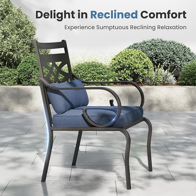PHI VILLA 7 Pieces Outdoor Dining Set for 6 | 60" Table, Blue Cushion, Fixed & Swivel Chairs, 60" Rectangle Metal Table with Umbrella Hole & Fixed Swivel Chairs Combo