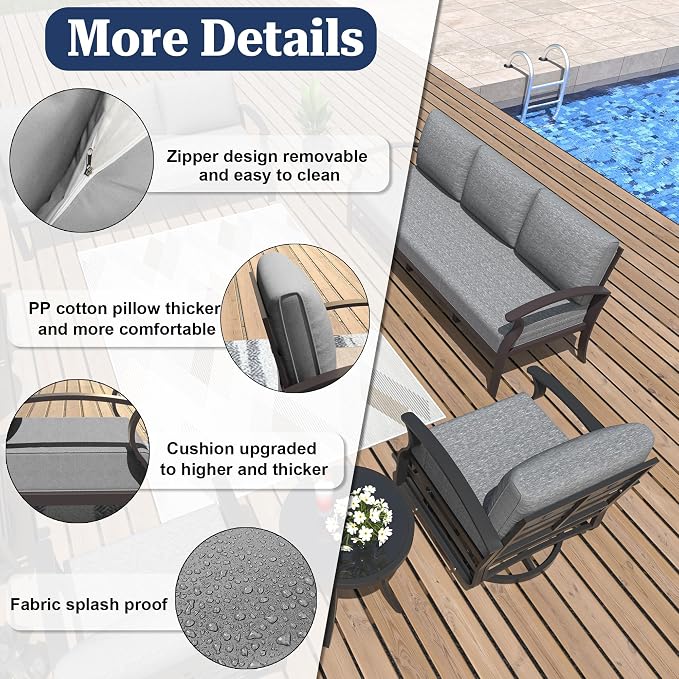 ALAULM Aluminum 3-Seat Patio Furniture Set, Metal Outdoor Furniture Sectional Sofas w/5.1" Cushions for Patio, Backyard, Poolside-Grey