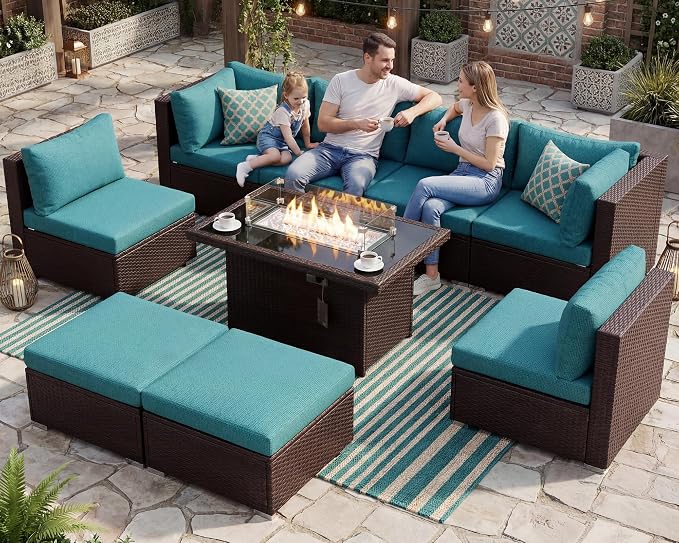BULEXYARD 9 Piece Highback Patio Furniture Set with Fire Pit Table, Modern Modular Outdoor Sectional Couch Sofa with Ottoman, 8-Person Backyard Seating for Outside, Deck, Brown Wicker & Teal Cushion