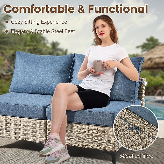 Outdoor Sectional Patio Furniture Set with Fire Pit Table,9 Pieces Rattan Wicker Conversation Sets L Shaped Couch,Outside Furniture with Swivel Chairs Glowing Coffee Table,Denim Blue
