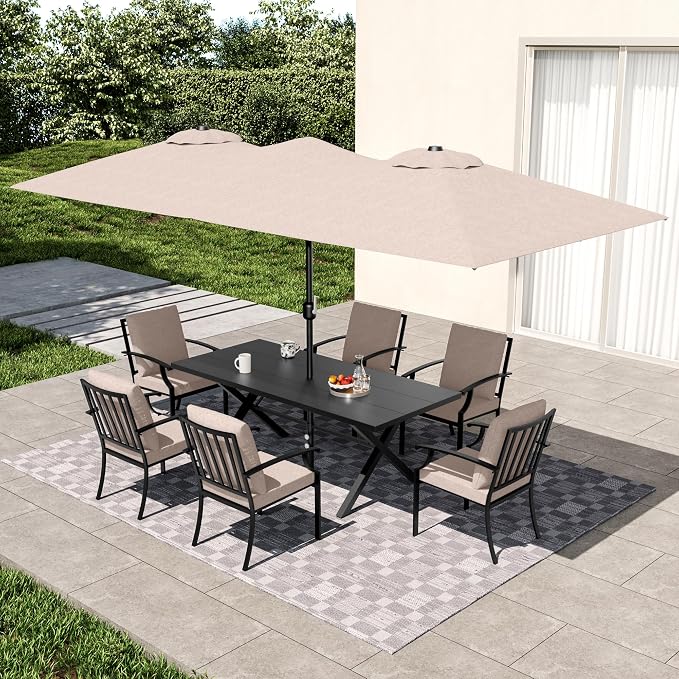 8 PCS Outdoor Patio Dining Set with 13.6ft Double-Sided Patio Umbrella,Patio Table and Chairs Metal Outdoor Patio Furniture Set,Dining Table Set with 6 Chairs,Brown