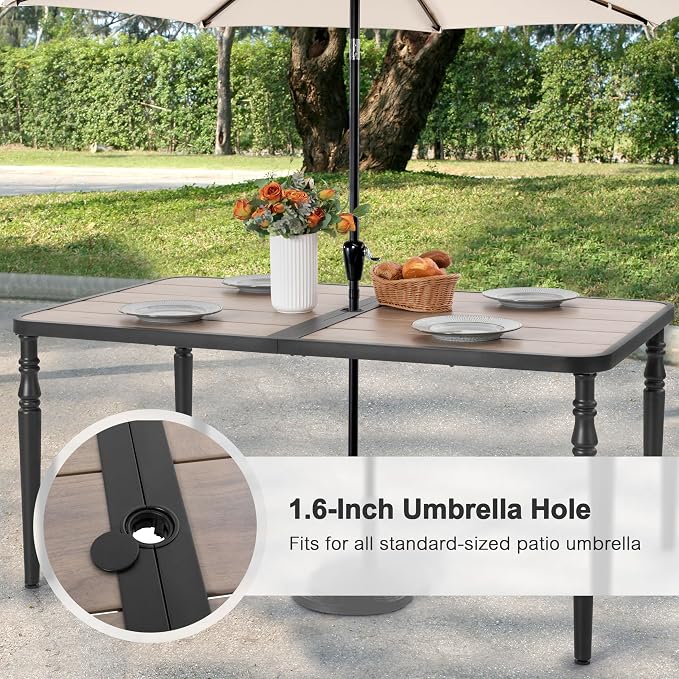 NUU GARDEN 7-Piece Outdoor Dining Set for 6, Patio Wood-Grain Table and Stackable Chairs Set with Umbrella Hole, 7 Pieces Metal Outdoor Furniture Set for Patio, Garden, Backyard, Black