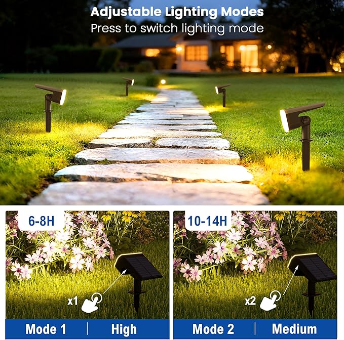 Solar Lights Outdoor Waterproof IP65, Super Bright LED with Lens, 3000K 2 Lighting Modes, Solar Powered Yard Garden Solar Spot Lights for Outside Landscape Auto On/Off -8 Pack