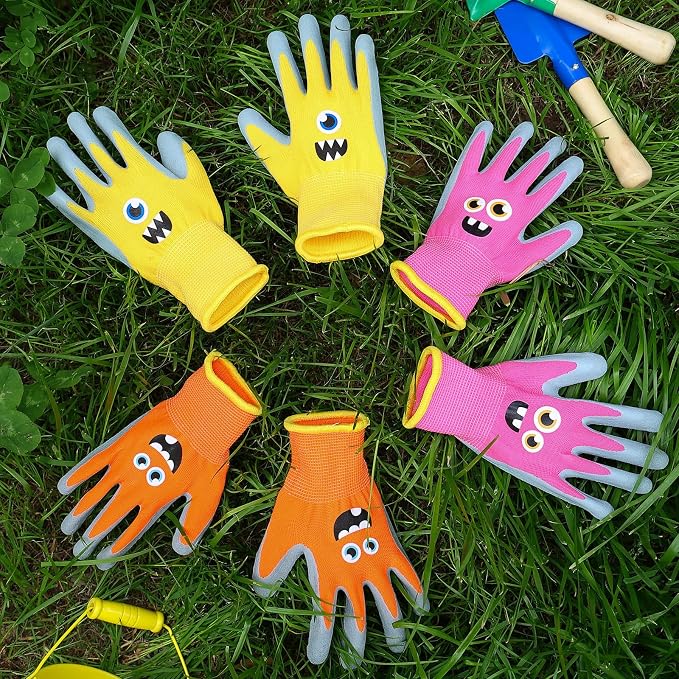 3 Pairs Kids Work Gardening Gloves (Colorful (Age 6-8)) | Children Yard Work Gloves Breathable Rubber Coated Garden Gloves for Toddlers Girls Boys