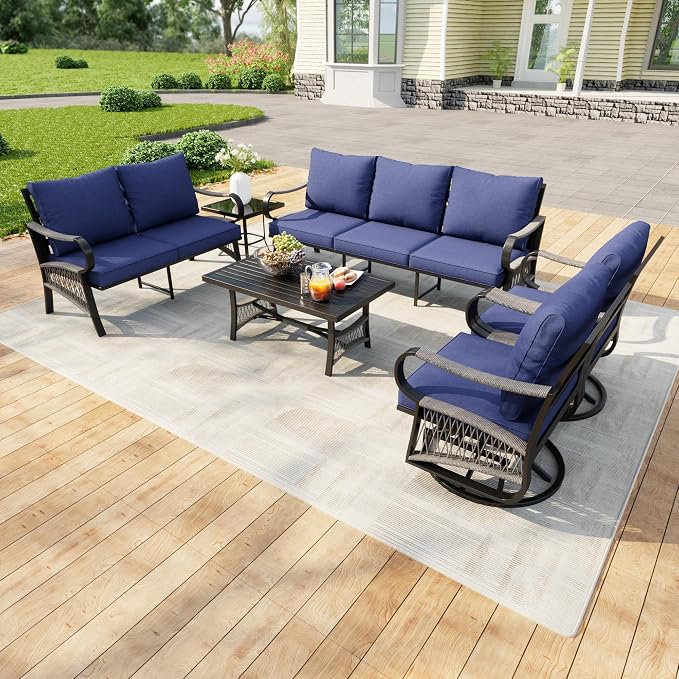6 Pieces Patio Furniture Set, Metal Outdoor Conversation Sets with Swivel Chairs, Modern Couch Sofa Seating Group with Coffee Table and Side Table (Thick Blue Cushions)