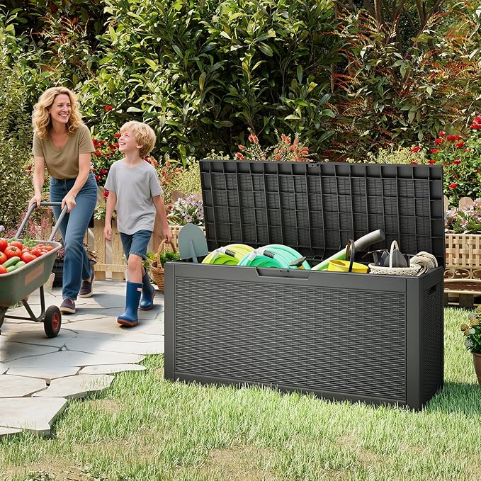 66 Gallon Outdoor Deck Box - Lockable Waterproof Storage Container, Resin Weatherproof Box for Patio Garden Furniture Pool Tools Cushions, Black