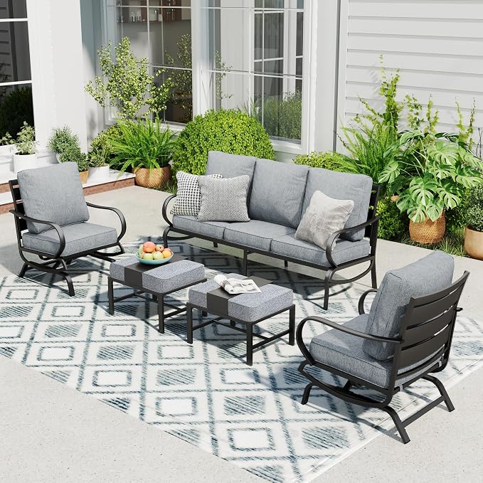Sophia & William Patio Furniture Sets 5 Seats Outdoor Metal Conversation Sets 5 Pcs with 2 x Cushioned Swivel Sofa Chairs,1 x 3-Seat Sofa,2 x Ottomans for Coffee Lawn Backyard Poolside Grey