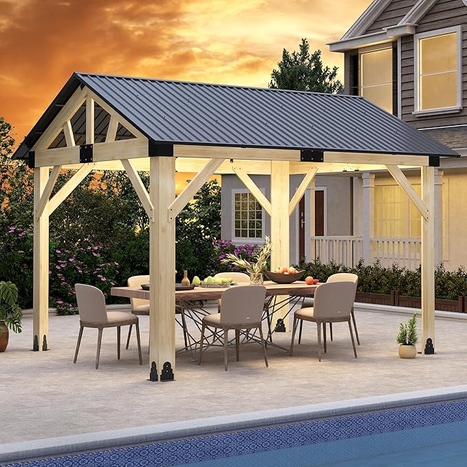 10' x 12' Wood Gazebo, Outdoor Cedar Hardtop Wooden Frame Gazebos with Galvanized Steel Roof for Garden, Patio, Deck
