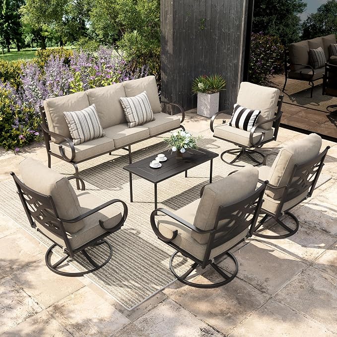 Sophia & William Patio Conversation Set for 7, 3-Seater Sofa, 4 Swivel Chairs and a Coffee Table, Metal Outdoor Furniture with 5.75" Extra Thick Cushions, Beige