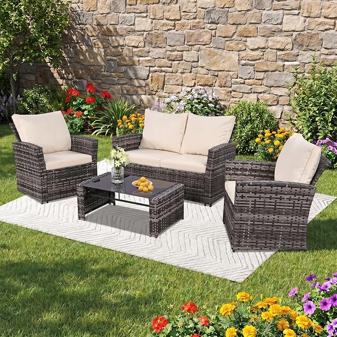 FHFO 4 Piece Outdoor Wicker Patio Furniture Set, Grey/Beige | Sectional Sofa | All-Weather Hand-Woven Rattan | Tempered Glass Coffee Table | Durable Fabric | Indoor & Outdoor Use