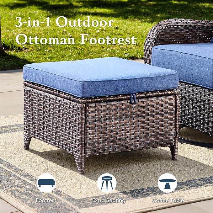 Belord Luxury 6" Thick Cushioned 6 Pieces Patio Furniture Set with Outdoor Couch, Wicker Outdoor Conversation Set with High Back Swivel Rocker Chairs for Deck Porch Yard and Poolside - Brown+Blue
