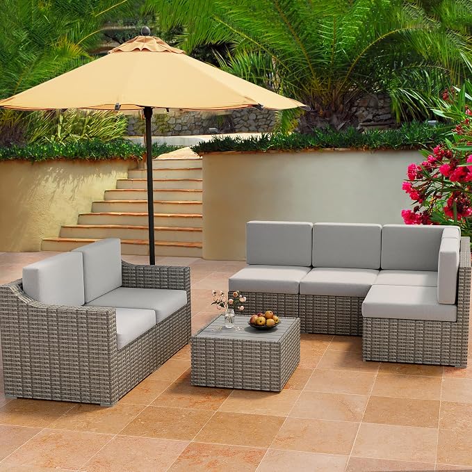HAPPATIO 7 Piece Patio Conversation Set,Rattan Wicker Outdoor Sectional Sofa,All-Weather Patio Furniture Set,Multiple Combination Sofa. Patio sectional Set.(Gray/Beige)