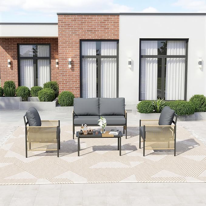 Aluminum Outdoor Patio Furniture Set, 4 Seats Outdoor Sectional with Coffee Table, Patio Conversation Sets with Washable Thick Cushions and Waterproof Cover forBackyard/Garden/Poolside, Gray