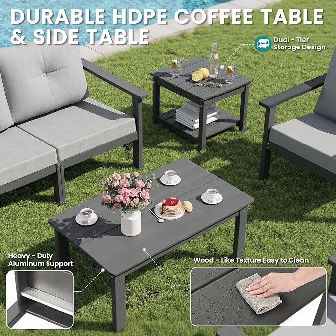 7-Piece HDPE Patio Furniture Set, Outdoor Sectional Sofa Set,All Weather Outdoor Couch with Dust-Free Cushions, Durable Patio Conversation Sets for Balcony, Porch, Gray