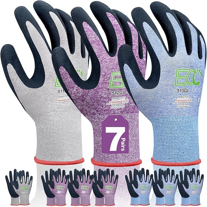7 Pairs Women Gardening Gloves, EN388 2131X Outdoor Protective Work Gloves with Breathable Micro-Foam Coating for Gardening, General Purpose, Courtyard, 3 Purple + 3Blue +1 Grey | 3 purple + 3 blue + 1 gray, breathable garden gloves, recycled PET. Idea...