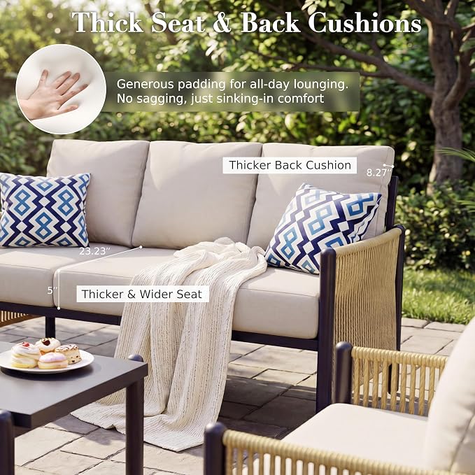 Aluminum Patio Furniture Set, 5 Seats Outdoor Patio Furniture with Coffee Table, Outdoor Wicker Conversation Sets with Cushion for Backyard, Balcony,Porch,Light Grey