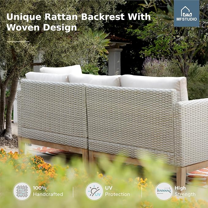 MFSTUDIO Wicker Patio Furniture Set, All Weather Rattan Outdoor Conversation Set with 2 Ottomans, 5 Pieces Patio Sectional Modular Sofa Couch Set with Wood Coffee Table, Beige Cushions