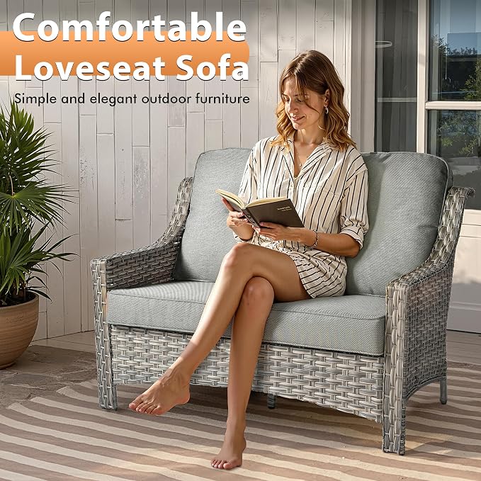 6 PCS Outdoor Patio Furniture Sets,Patio Conversation Sets Outside Rattan Soft Cushion Sofa with 2 Wicker Rocking Chairs & 54 in Fire Pit Table Fit Backyard Porch Garden Poolside Balcony,Dark Grey