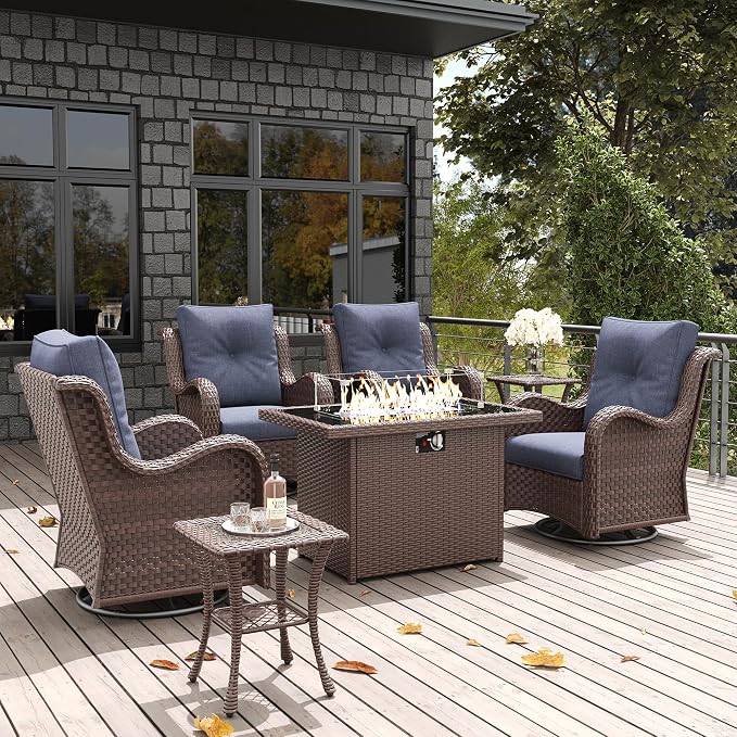 LayinSun 7 Pieces Outdoor Patio Furniture Set with Fire Pit Table, Rattan Wicker Swivel Rocker Chairs Sets with Swivel Glider Chairs and Coffee Table
