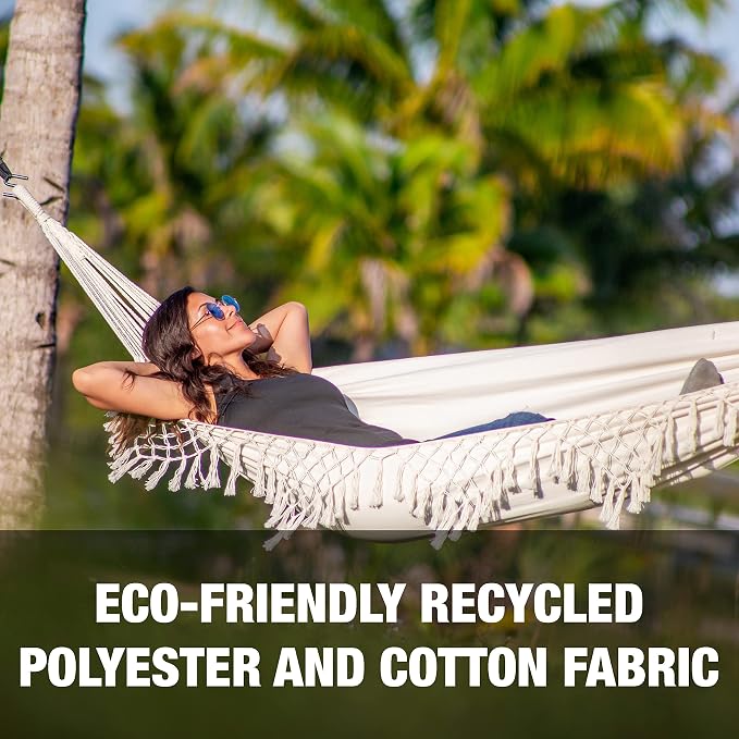 Bliss Hammocks BH-400WFRCA Polyester Hand-Braided Hammock in a Bag Decorative Fringe, Natural Brown