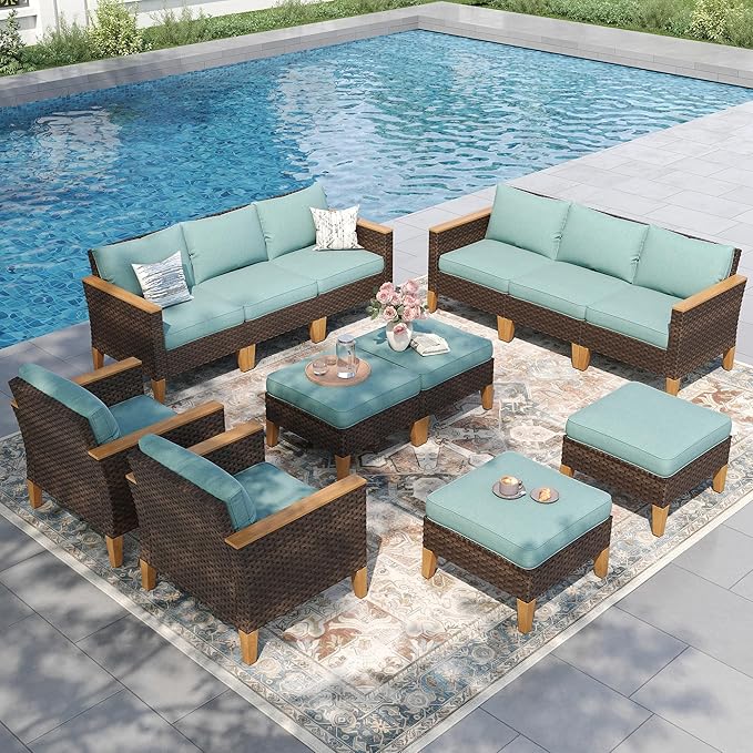 PHI VILLA 12-Piece Outdoor Sectional Wicker Furniture Set, Large Rattan Patio Conversation Set for 12 Seats with Cushioned 2 x Single Sofa, 4 x Armrest Chair, 4 x Ottoman and 2 x Armless Chair, Blue