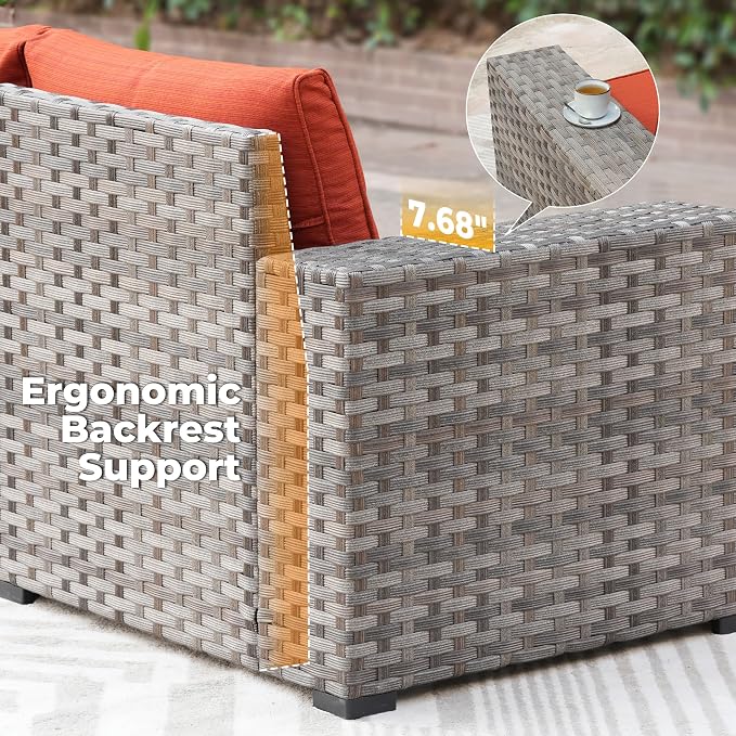 ovios 9 Pieces Patio Furniture Set, Outdoor Wicker Sectional Sofa with 42" Firepit Table Swivel Chair, Modern Modular Deep Seat Rattan Couch Conversation Sets, Orange Red