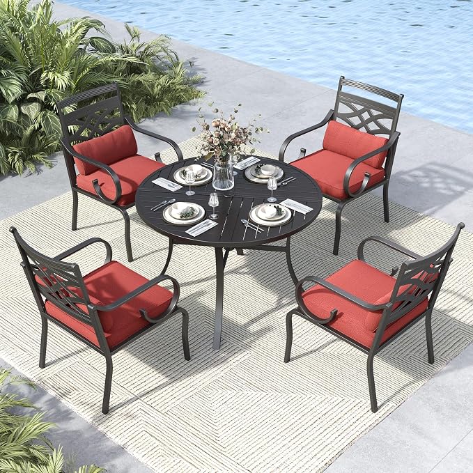 MFSTUDIO 5-Piece Patio Dining Set, 42" Round Metal Table, Fixed Chairs | Umbrella Hole, Red
